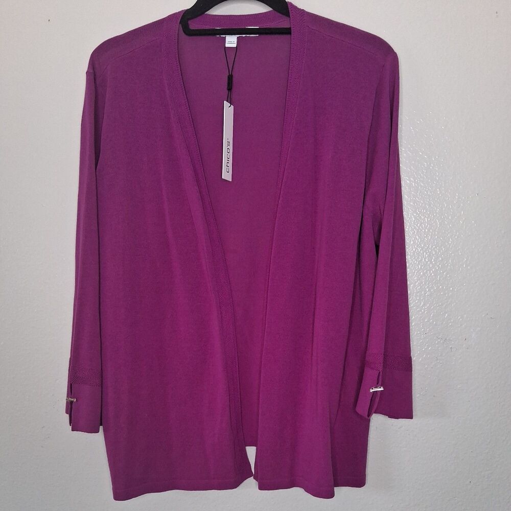NWT CHICO'S Sz 2 Purple Cardigan Sweater Open Front 3/4 Sleeve Gold Detail US L